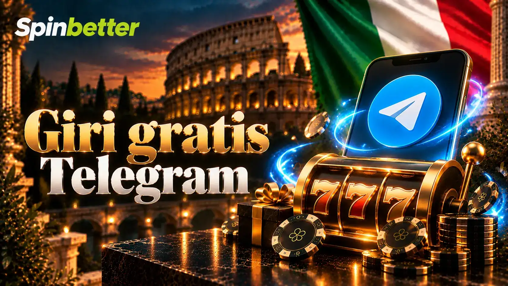 Banner Giri gratis Telegram con smartphone, logo del messenger e slot dorata