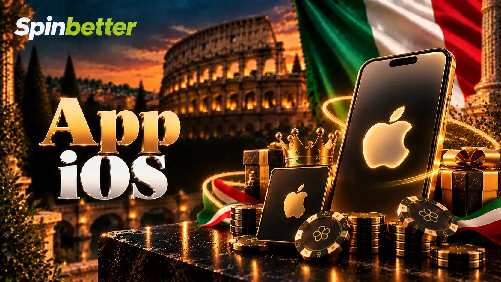Banner App iOS con iPhone dorato, logo della mela e fiche