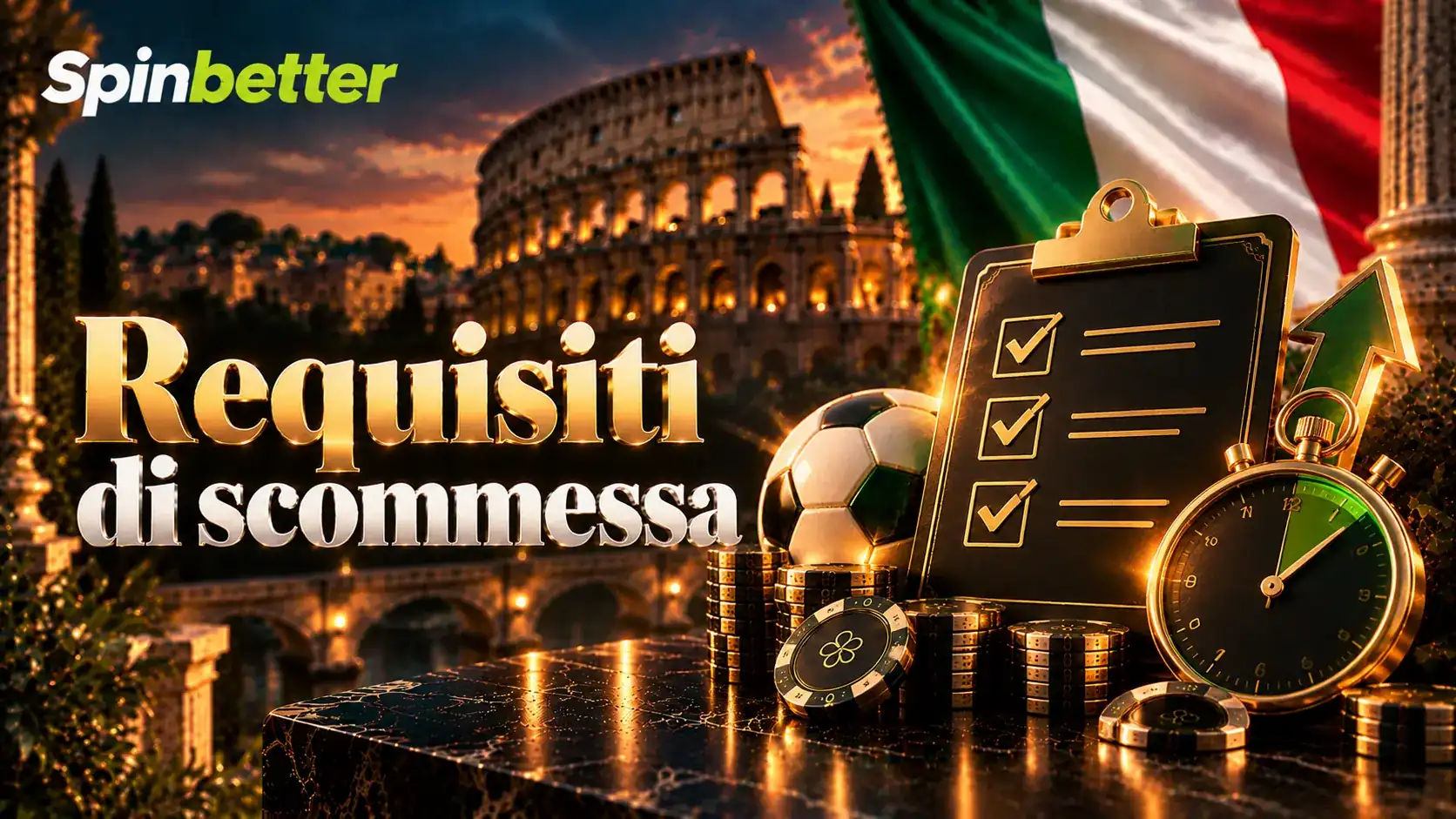 Banner Requisiti di scommessa con lista di controllo, pallone e cronometro