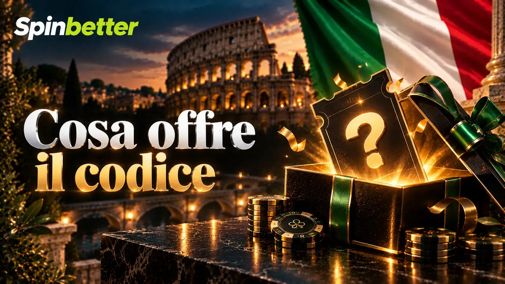 Banner Cosa offre il codice con scatola regalo aperta e biglietto dorato