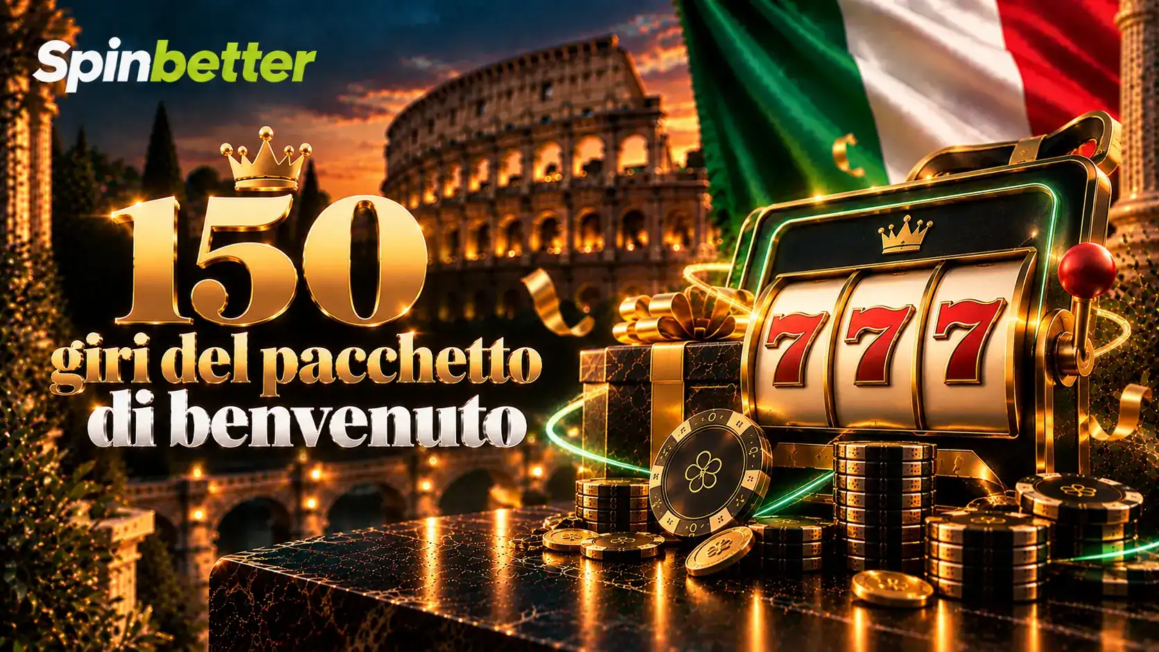 Banner 150 giri del pacchetto di benvenuto con slot dorata e sette rossi