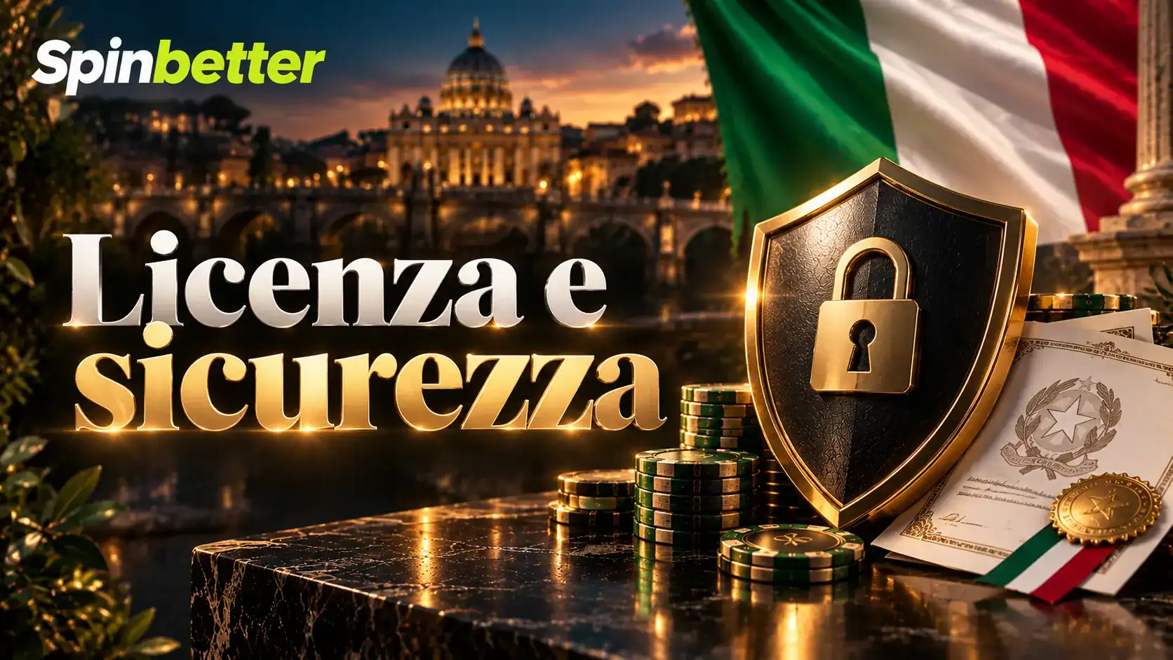 Banner Licenza e sicurezza con scudo dorato, lucchetto e certificato
