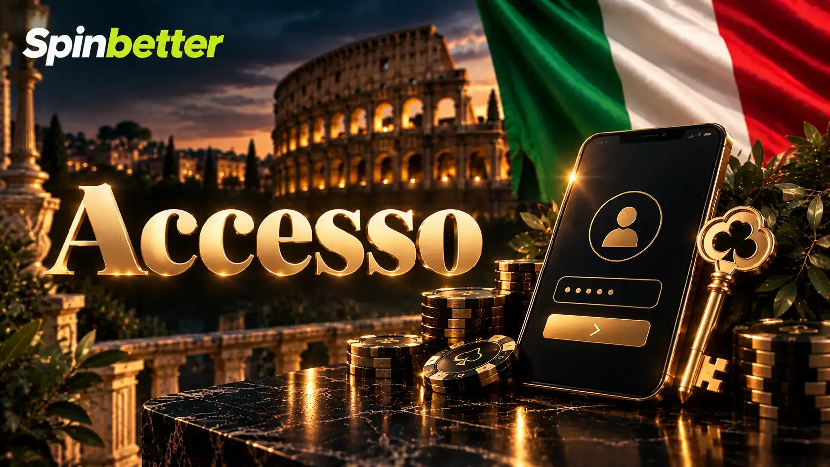 Banner Accesso con smartphone dorato, schermata di login e chiave sul tavolo