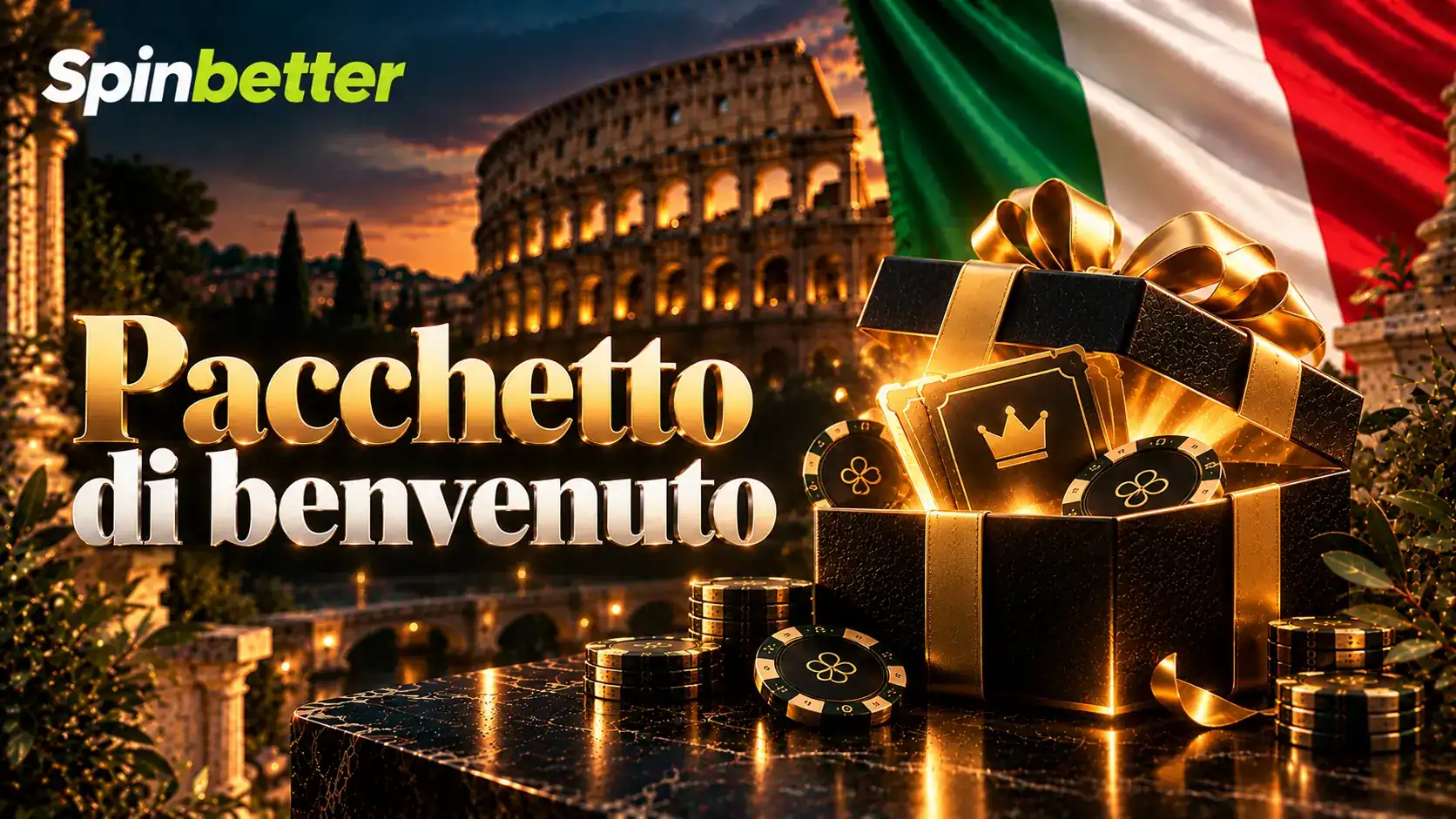 Banner Pacchetto di benvenuto con scrigno dorato, corona e fiche