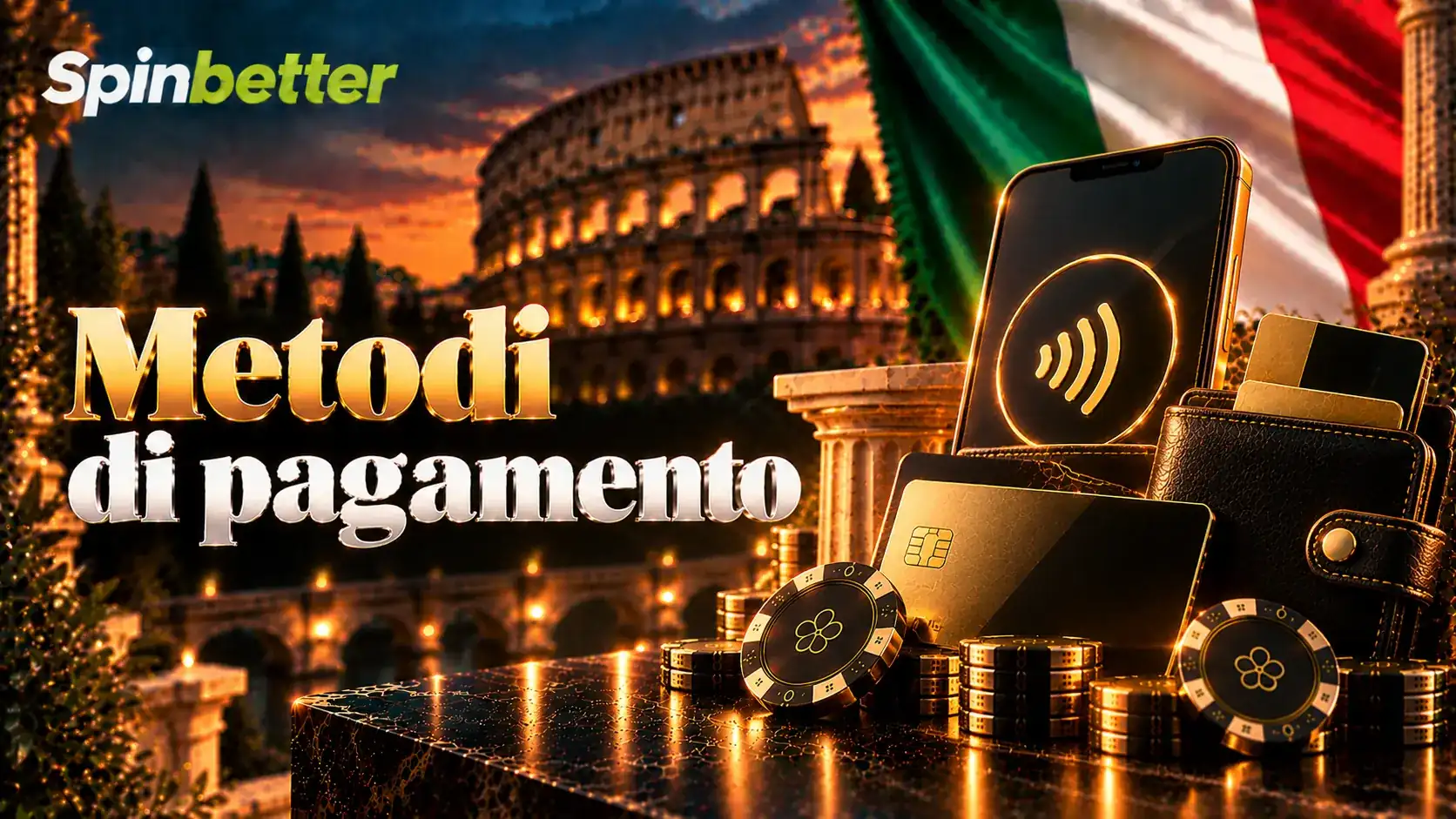 Banner Metodi di pagamento con smartphone contactless, carte e portafoglio in pelle