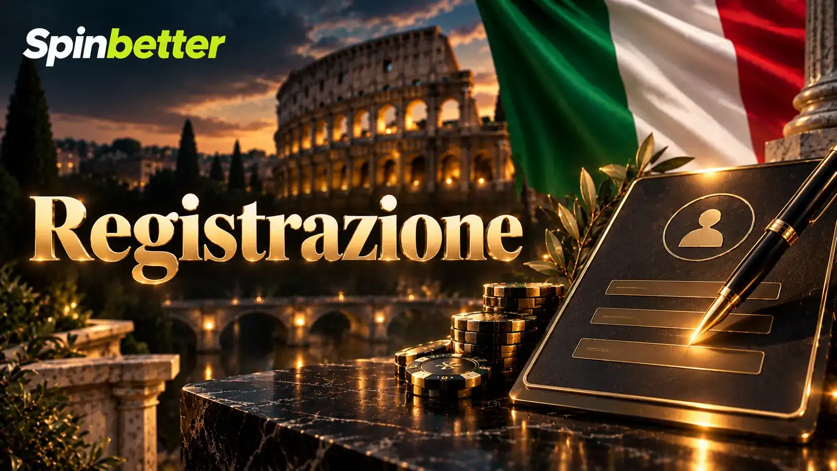 Banner Registrazione con modulo dorato, penna stilografica e Colosseo