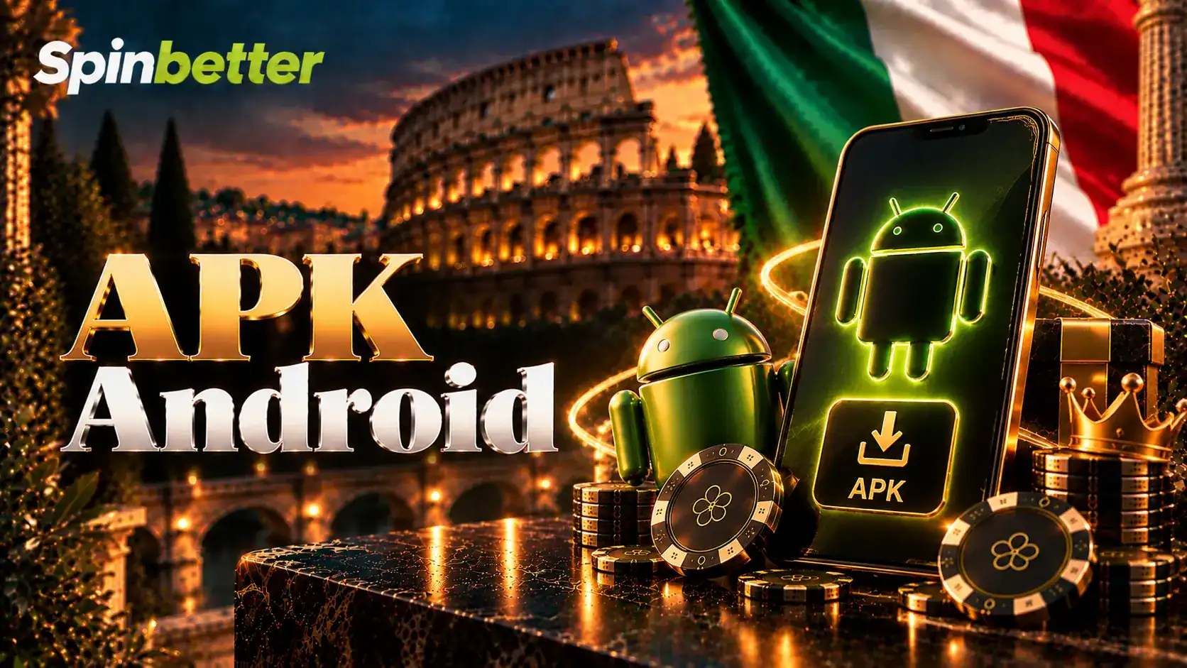 Banner APK Android con robot verde, smartphone e pulsante di download